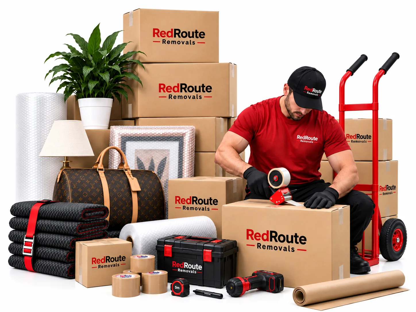 RedRoute mover taping a branded moving box, surrounded by stacked RedRoute boxes, a plant, lamp, suitcase and packing equipment