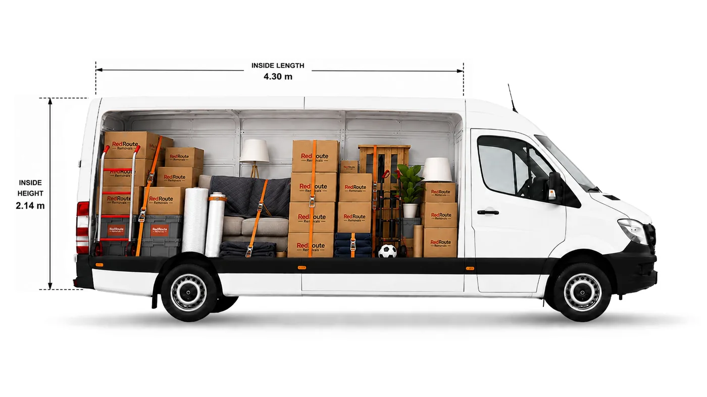 Fully loaded RedRoute Removals van, side view showing the cargo area