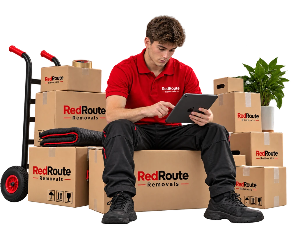 RedRoute Removals team member planning a move in Sutton on a tablet, seated on branded moving boxes