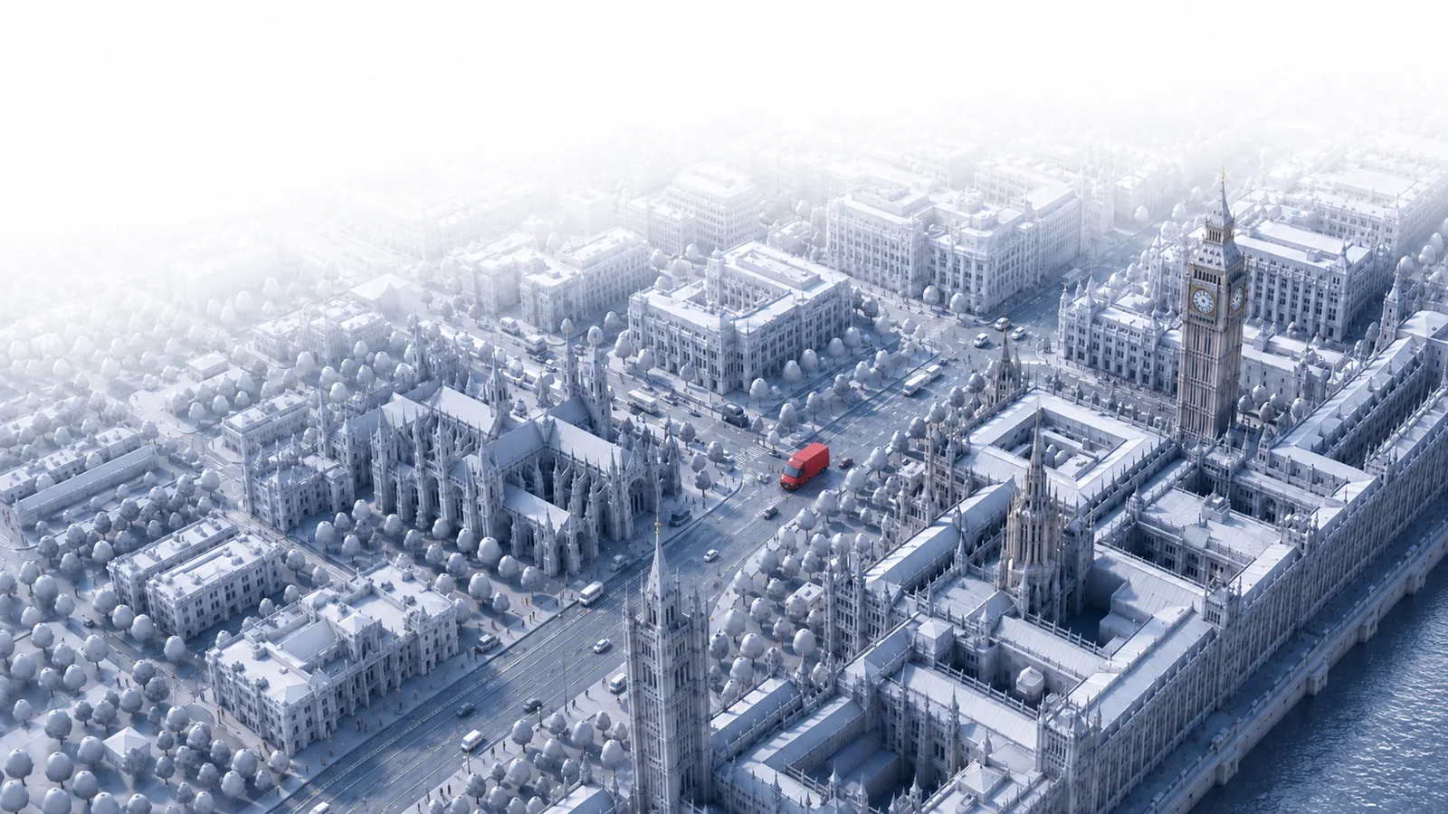 Stylised aerial illustration of Westminster, London, with a RedRoute van on the street