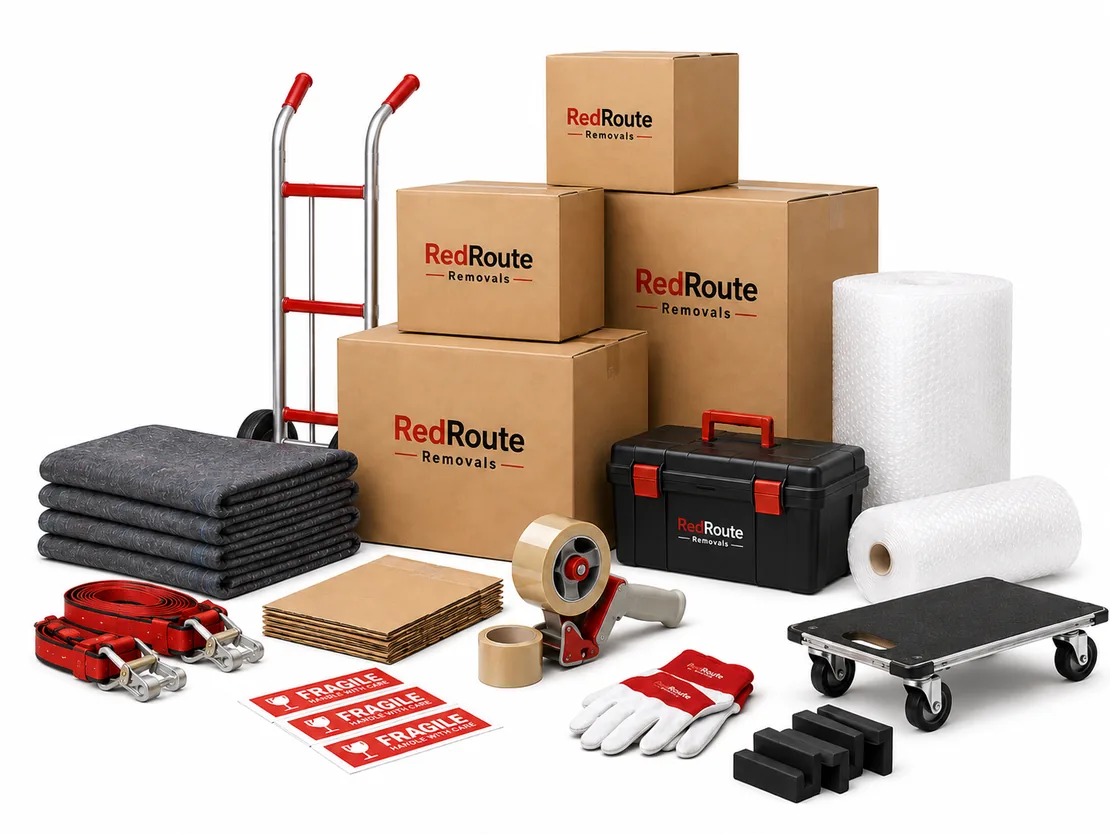 Moving boxes, bubble wrap and packing supplies laid out ready for packing