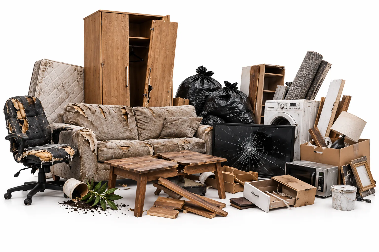 Old furniture, broken items and rubbish bags ready for clearance