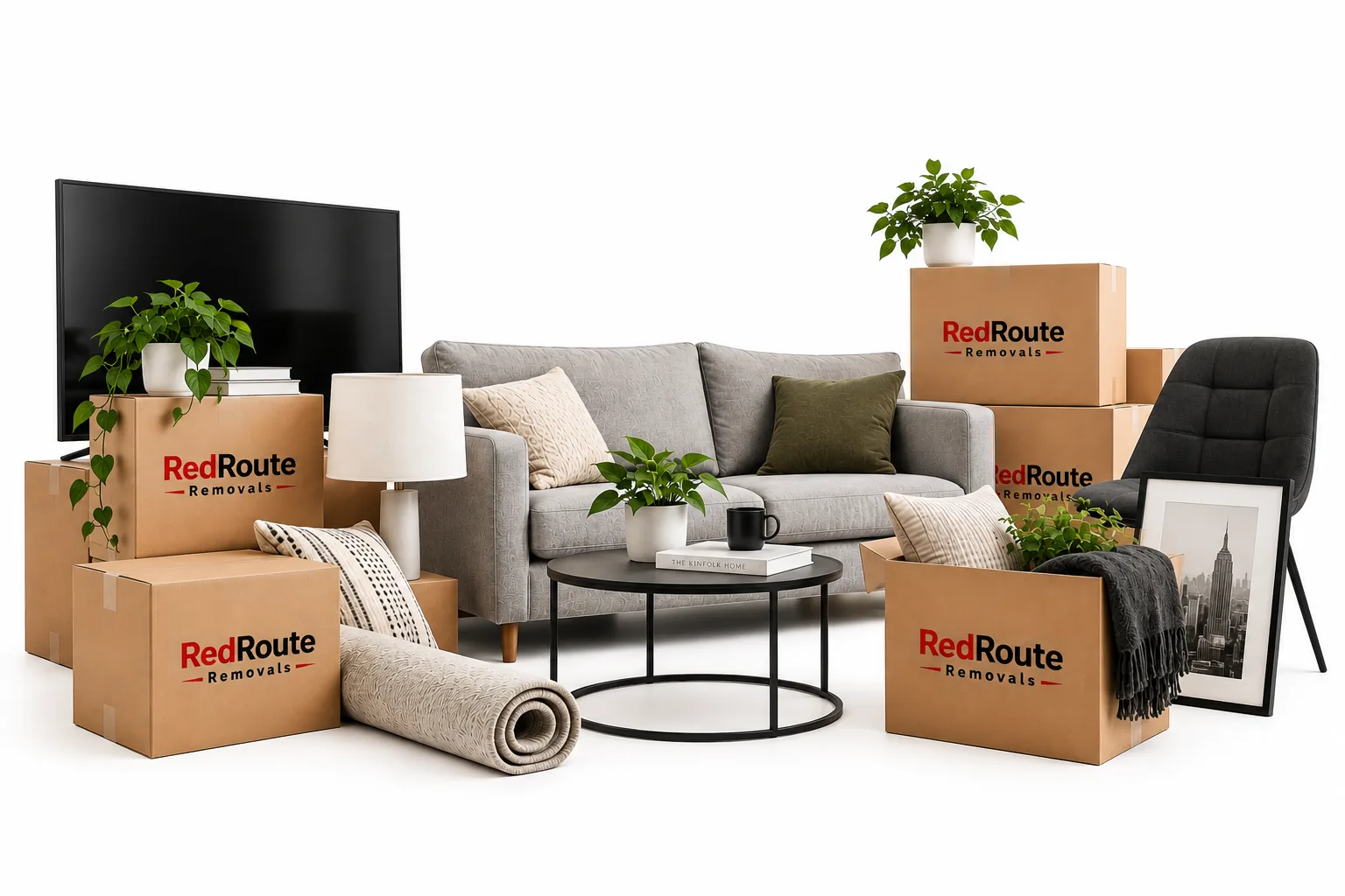 TV, sofa, armchair and RedRoute moving boxes packed for a flat move