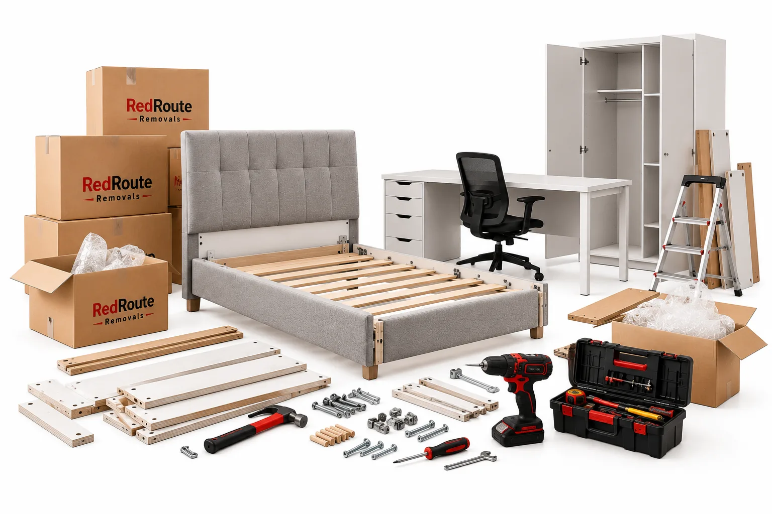 Bed frame parts, tools and RedRoute boxes for furniture assembly