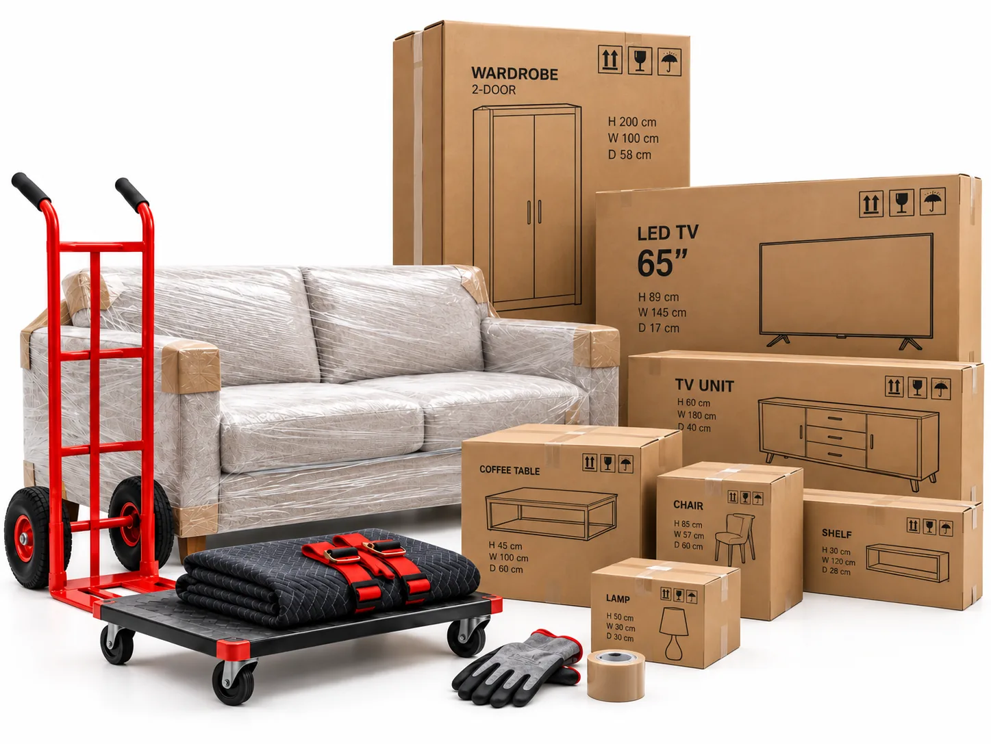 Flat-pack furniture and appliance boxes ready for delivery