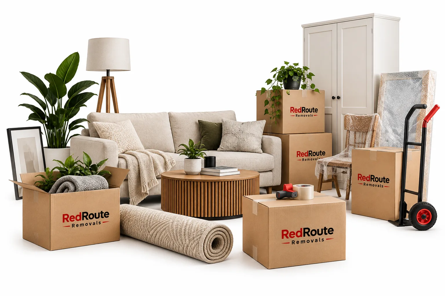 Living room sofa, armchair, lamp and RedRoute moving boxes for a house move