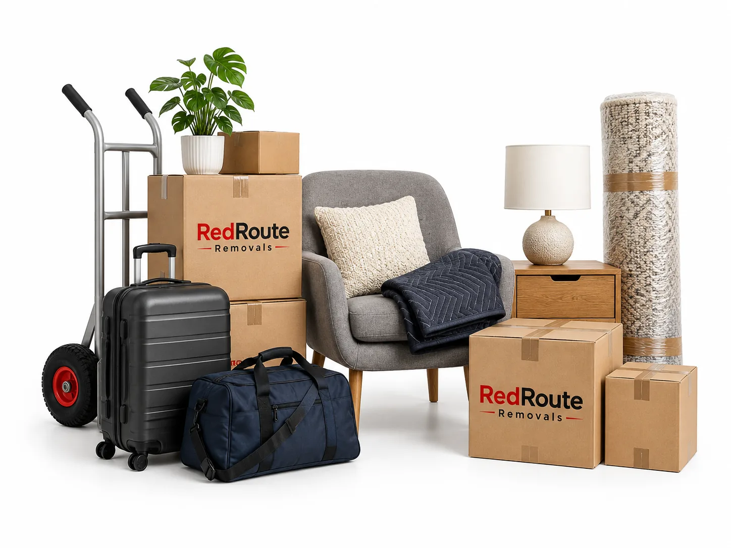 Sack truck, suitcase, holdall and RedRoute moving boxes for a small load move