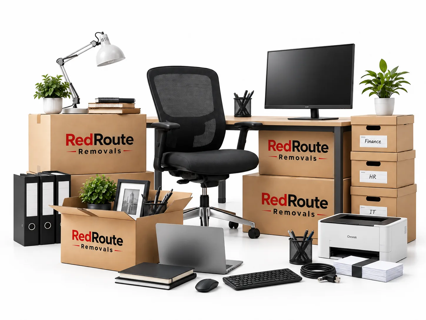 Office chair, desk, monitor and labelled RedRoute boxes for an office move