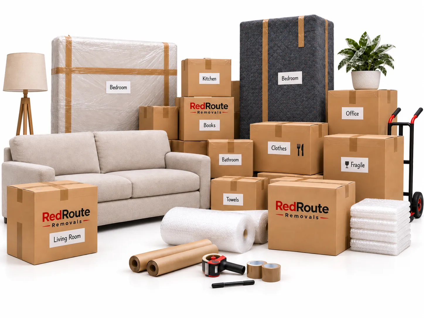 Wrapped furniture and labelled RedRoute boxes packed room by room