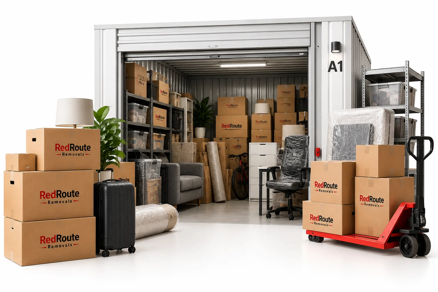 Open storage unit filled with RedRoute boxes and wrapped furniture