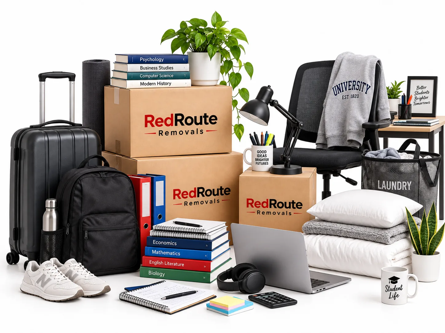 Suitcase, backpack, books and RedRoute moving boxes for a student move