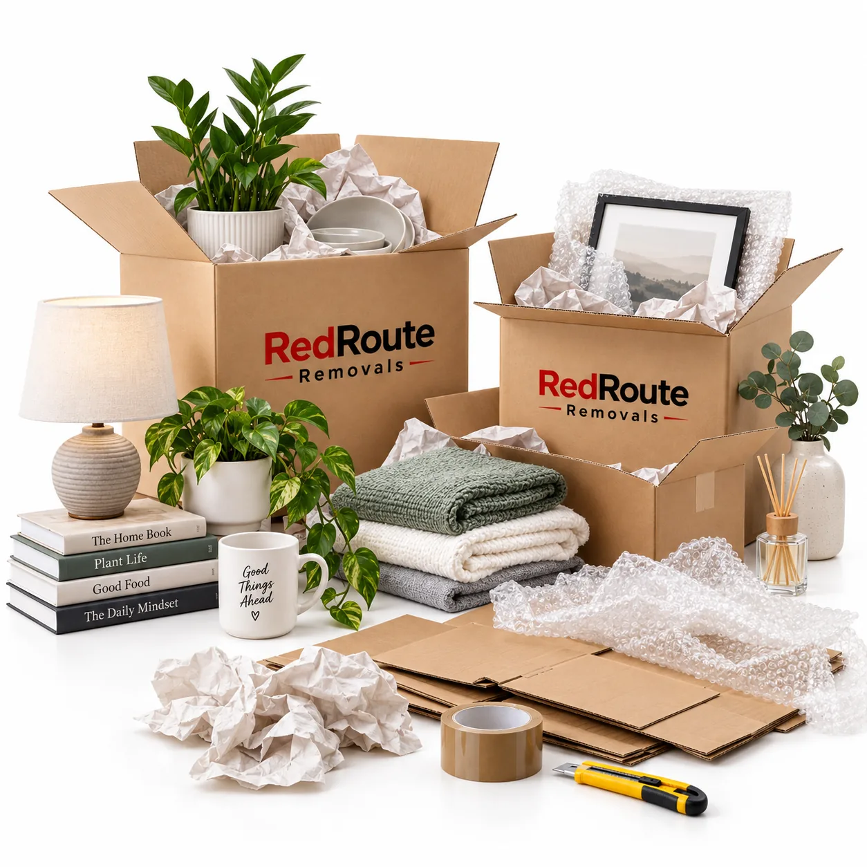 Open RedRoute boxes with plants, crockery and belongings being unpacked