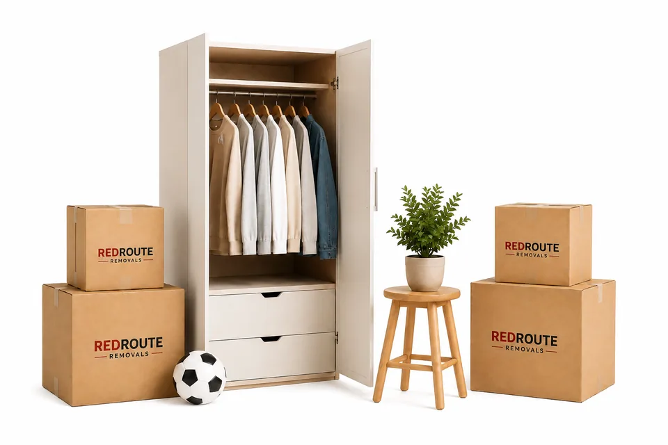 Open wardrobe box with hanging clothes, a stool and RedRoute moving boxes