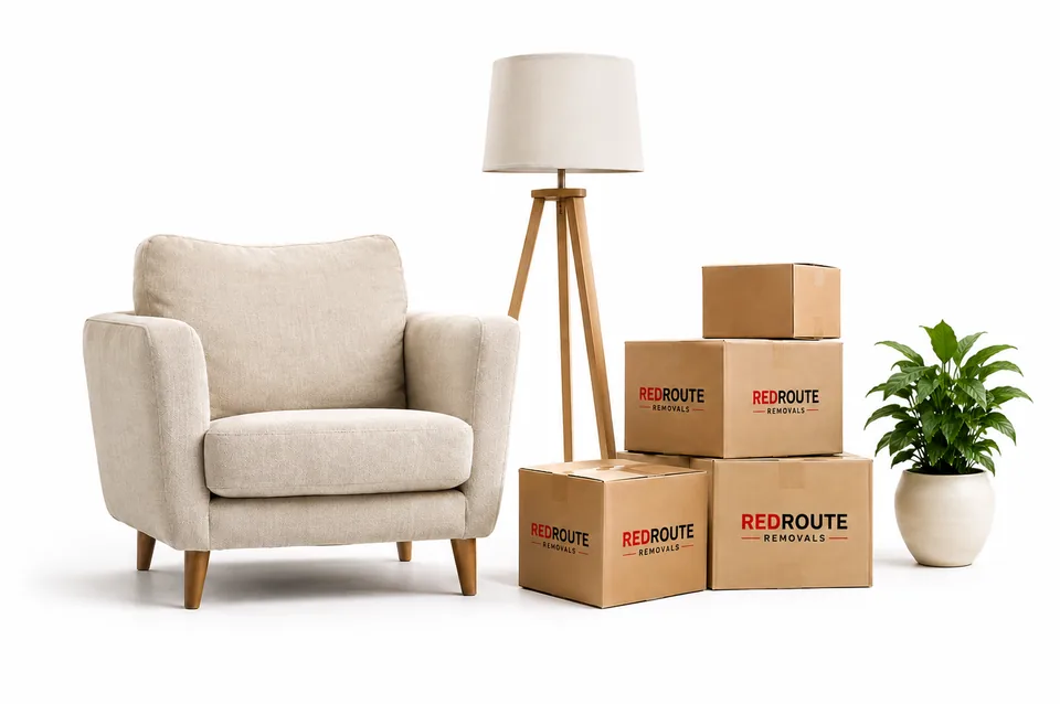 Armchair, floor lamp, plant and RedRoute moving boxes for a house move