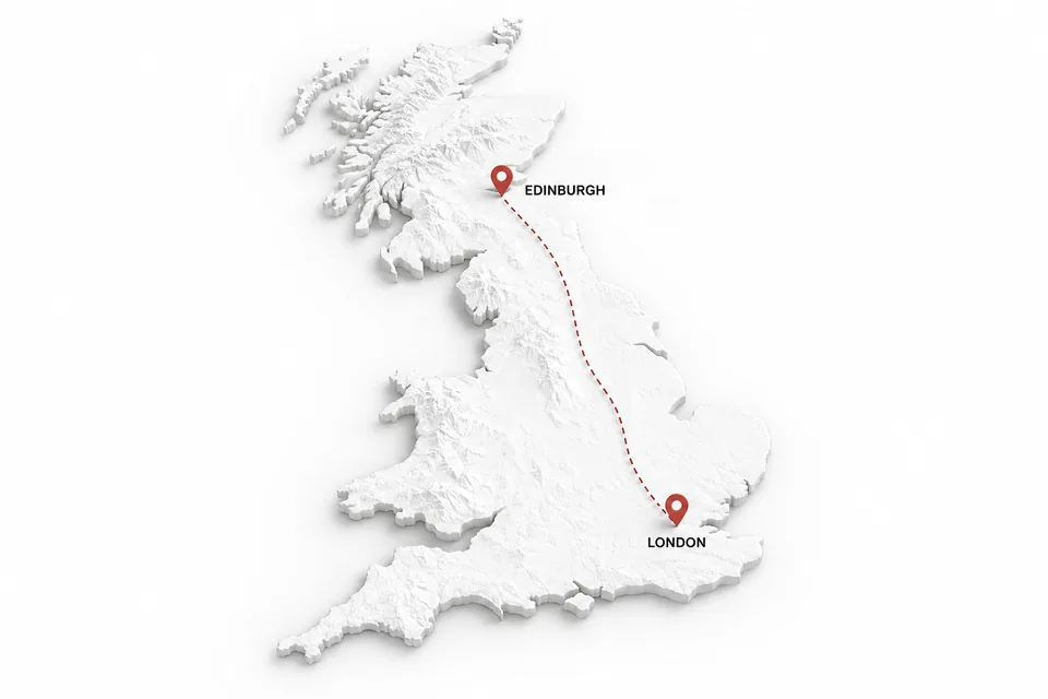 Map of the UK with a red route from London to Edinburgh