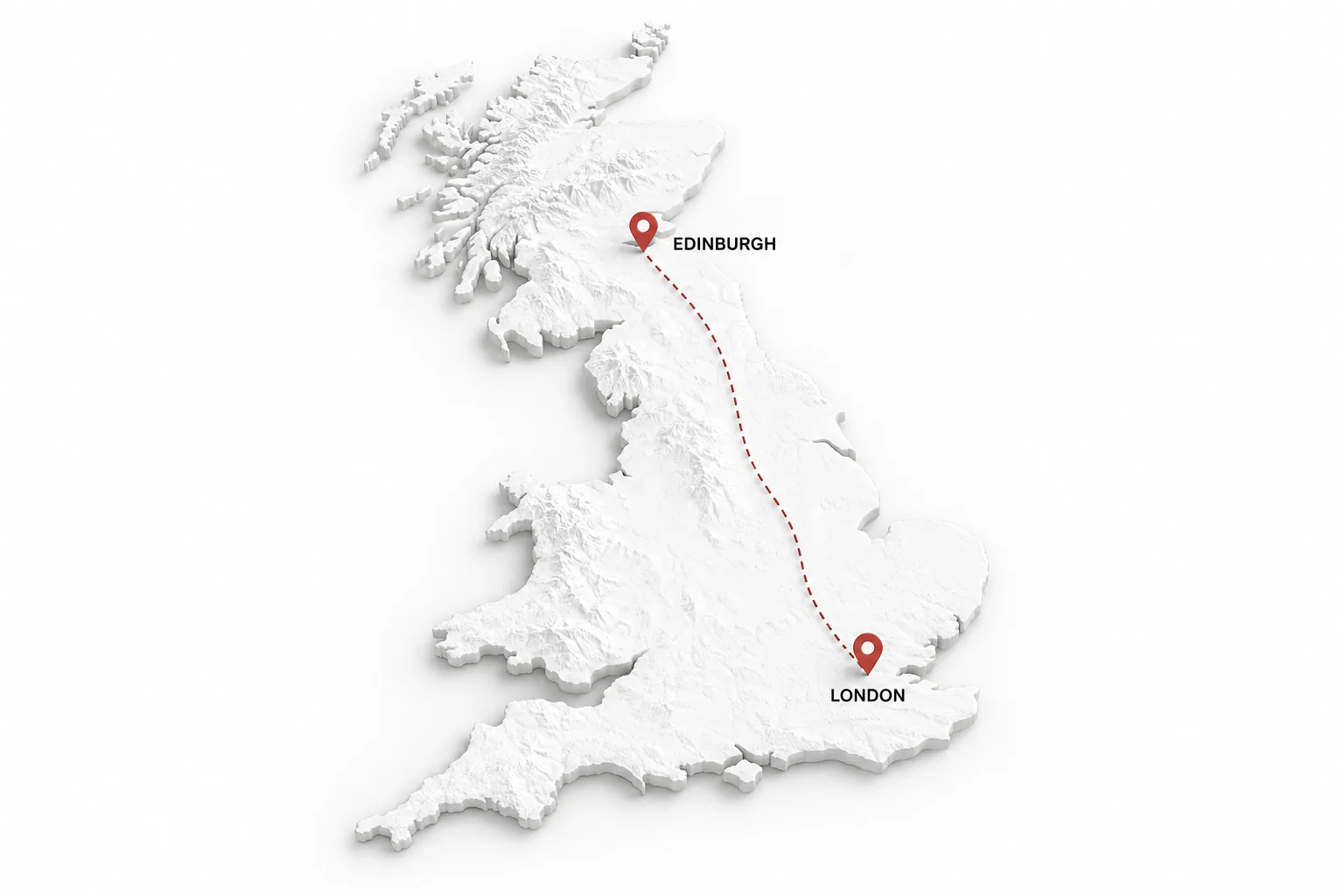 Map of the UK with a red route from London to Edinburgh