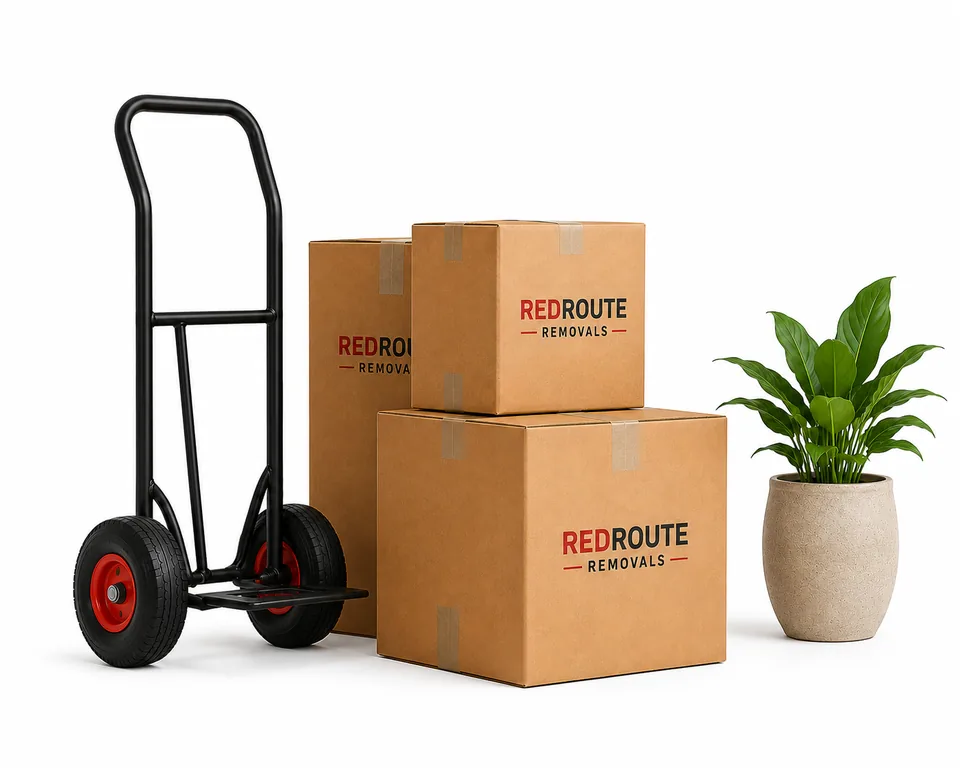 Hand trolley, RedRoute moving boxes and a plant