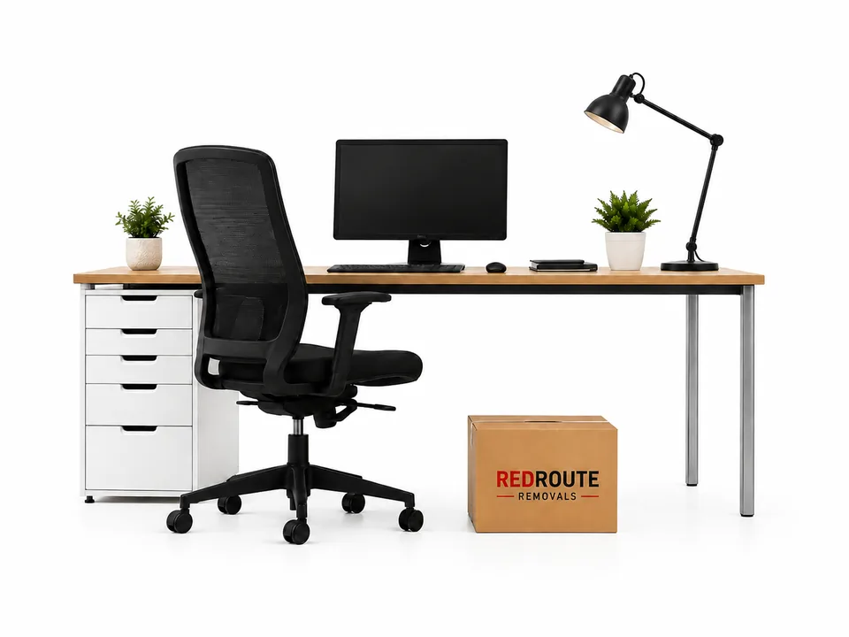 Office desk, chair, monitor, drawer unit and a RedRoute moving box
