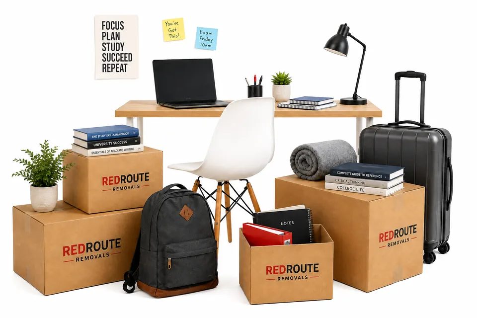 Luggage, books, laptop, backpack and RedRoute moving boxes for a student move