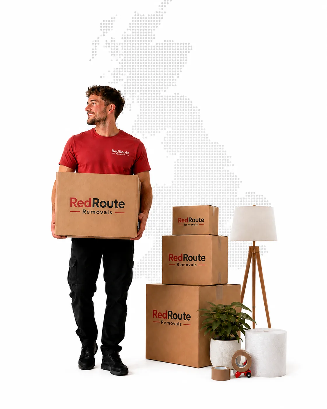RedRoute mover carrying a branded moving box beside stacked boxes, a plant and a lamp, with a faint dotted map of the UK behind
